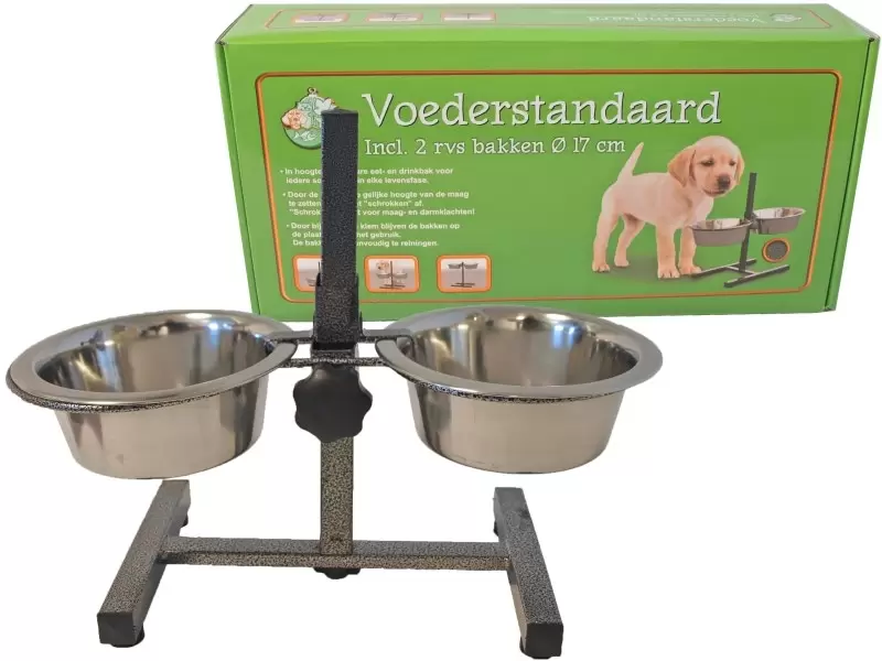 Hondeneetbakstandaard Water En Food Incl. 2 Bakken Hamerslag. 17 Cm.