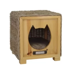 Hocker Riet/teak L42b42h47cm